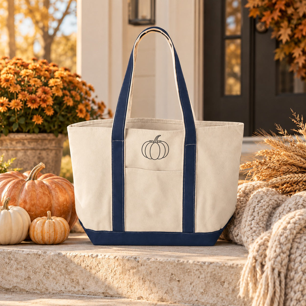 Pumpkin Resort Tote in Natural/Navy, styled at home