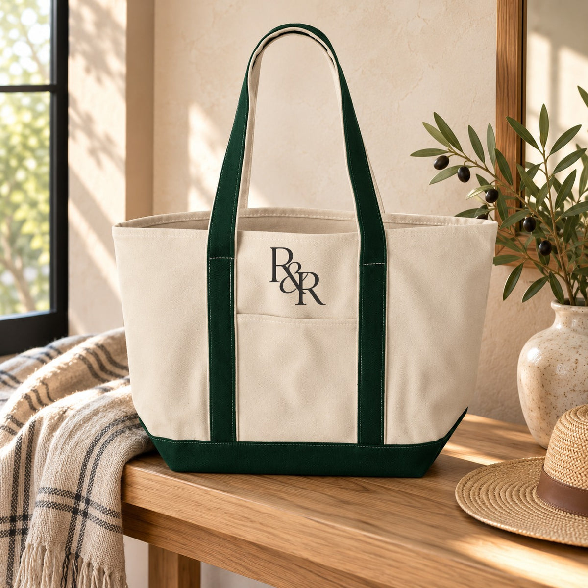 R&R Monogram Resort Tote in Natural/Forest, styled at home