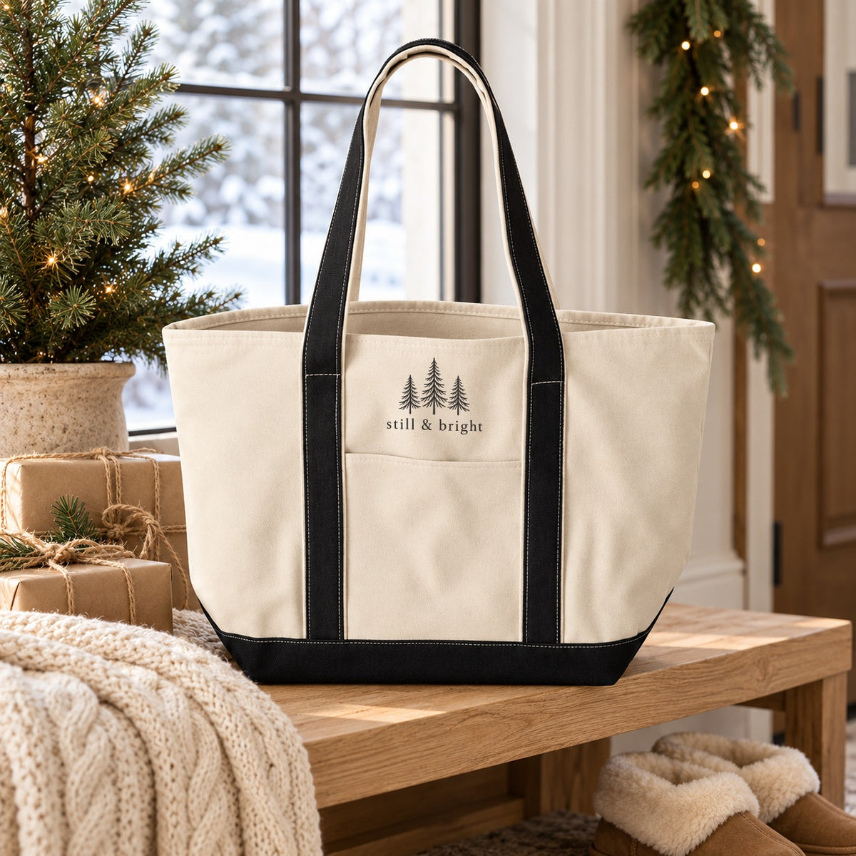 Still & Bright Evergreen Resort Tote in Natural/Black, styled at home