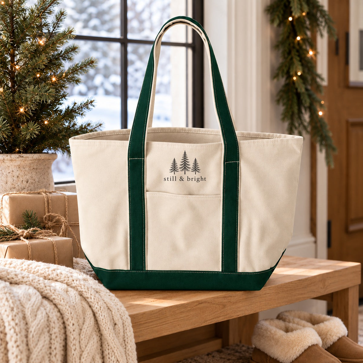 Still & Bright Evergreen Resort Tote in Natural/Forest, styled at home