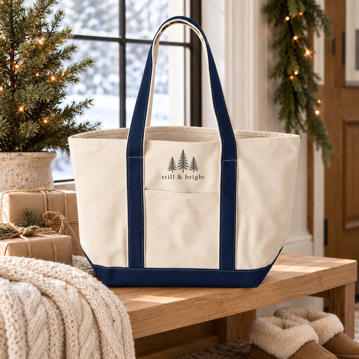 Still & Bright Evergreen Resort Tote in Natural/Navy, styled at home