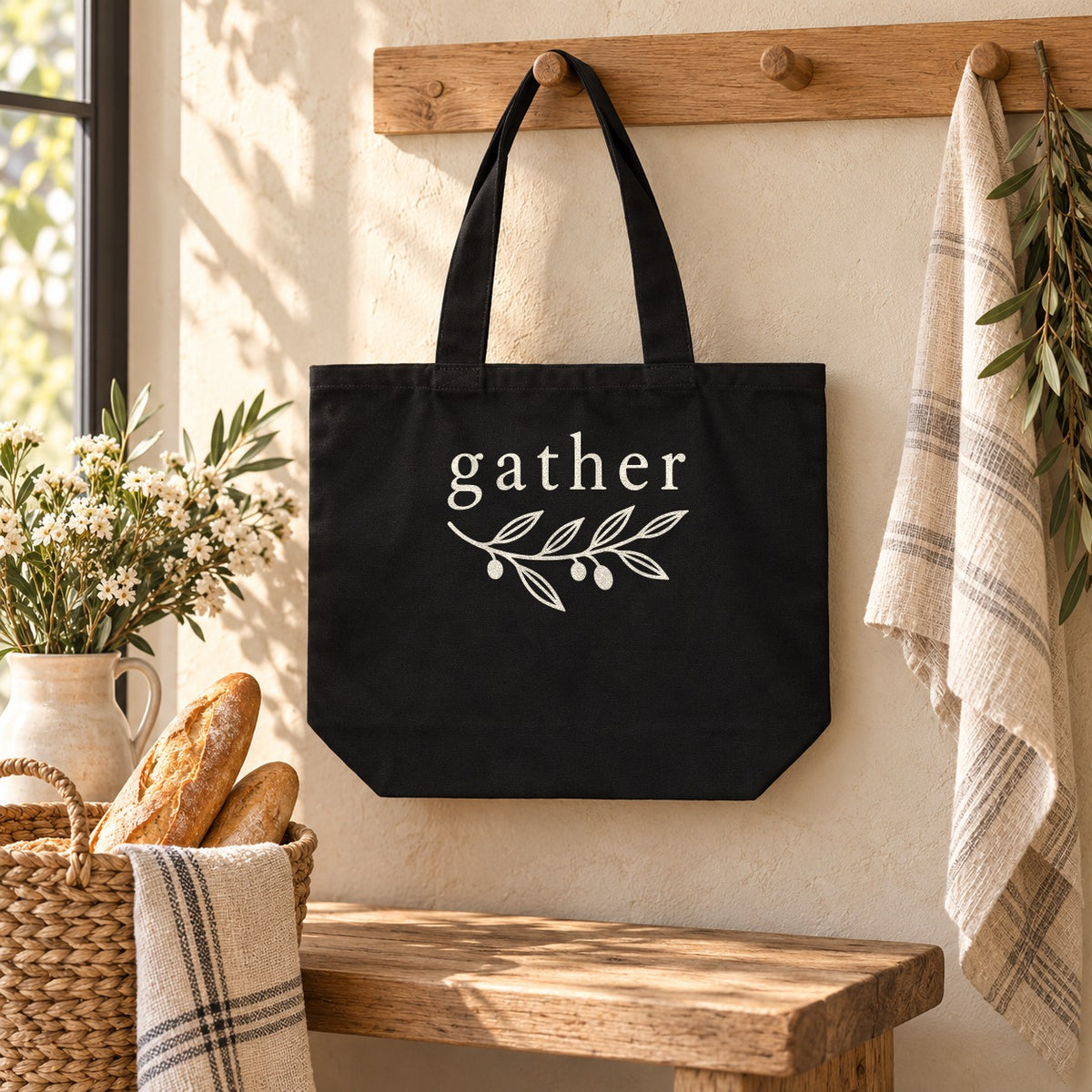 Gather Shoulder Tote in Black, styled at home
