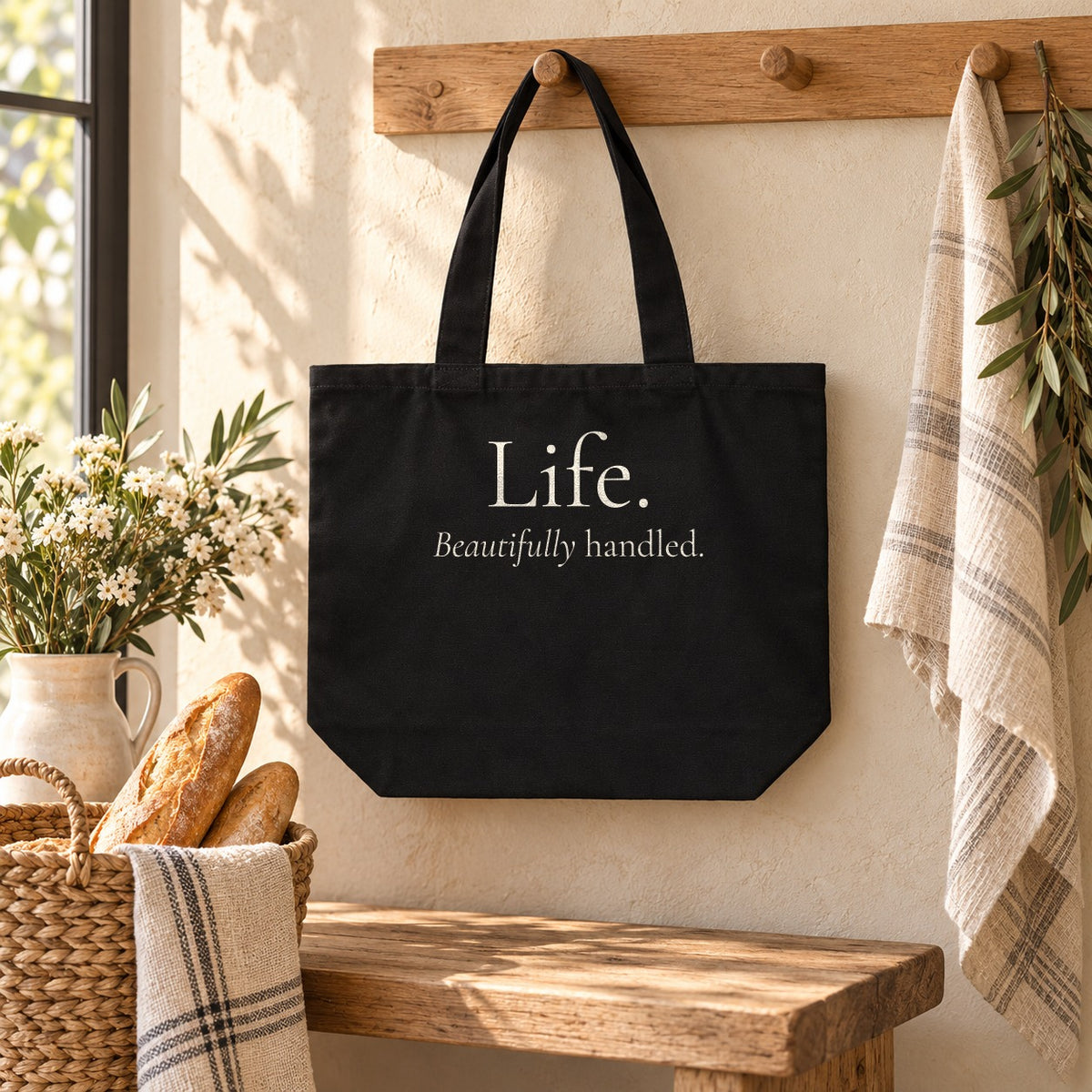 Life. Beautifully Handled. Shoulder Tote in Black, styled at home