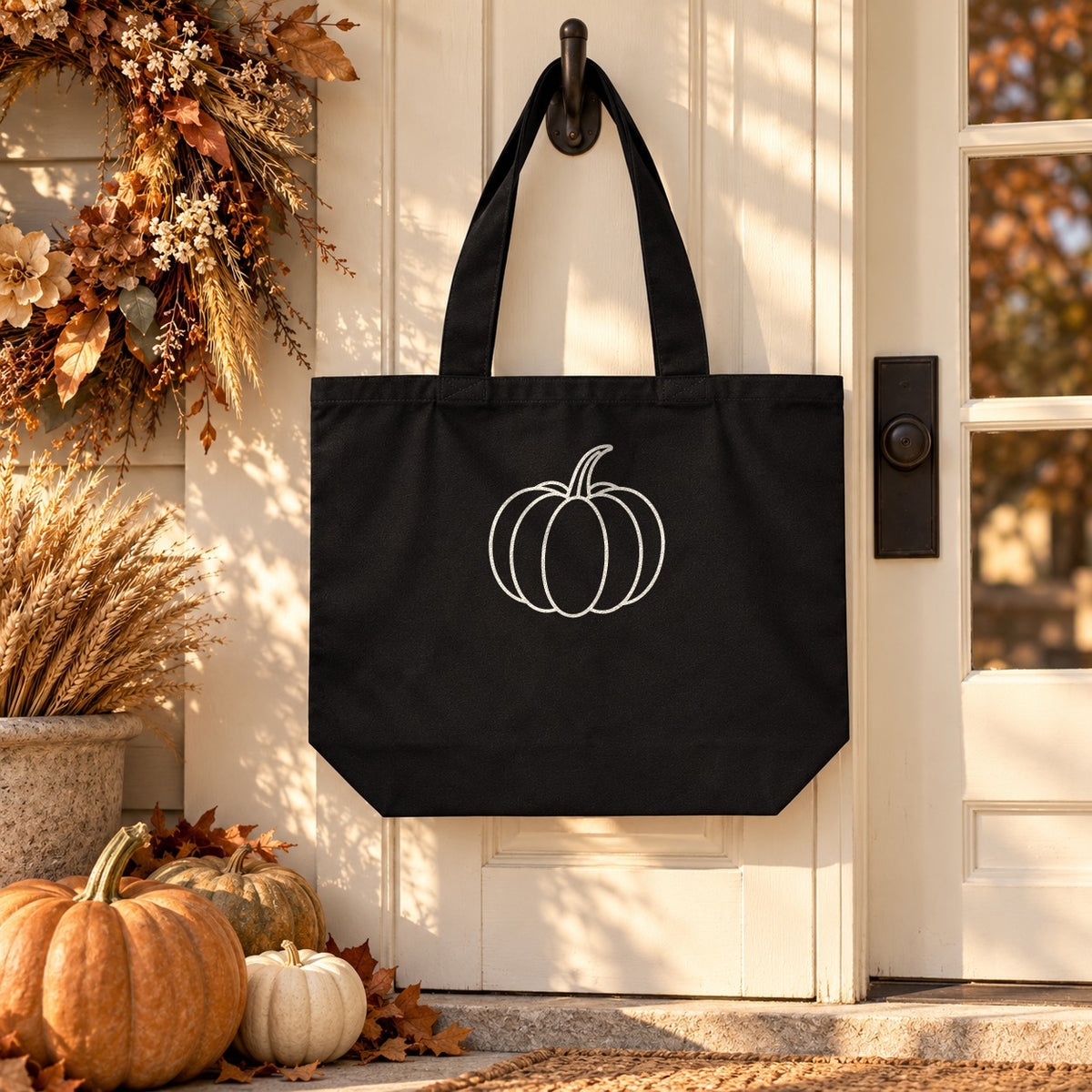 Pumpkin Shoulder Tote in Black, styled at home