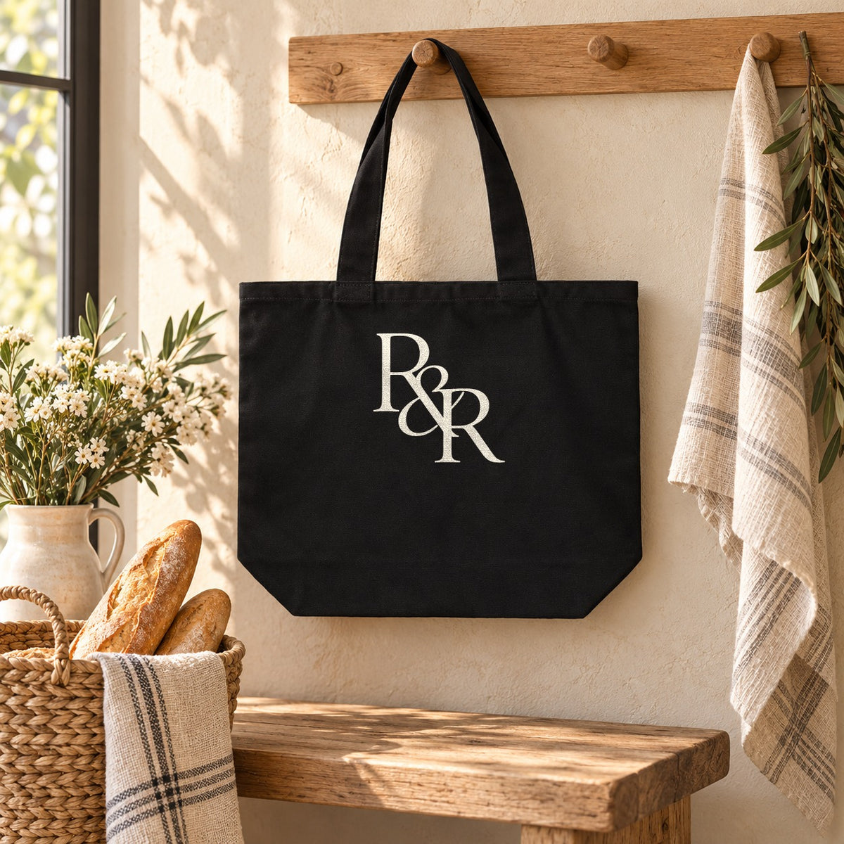 R&R Monogram Shoulder Tote in Black, styled at home