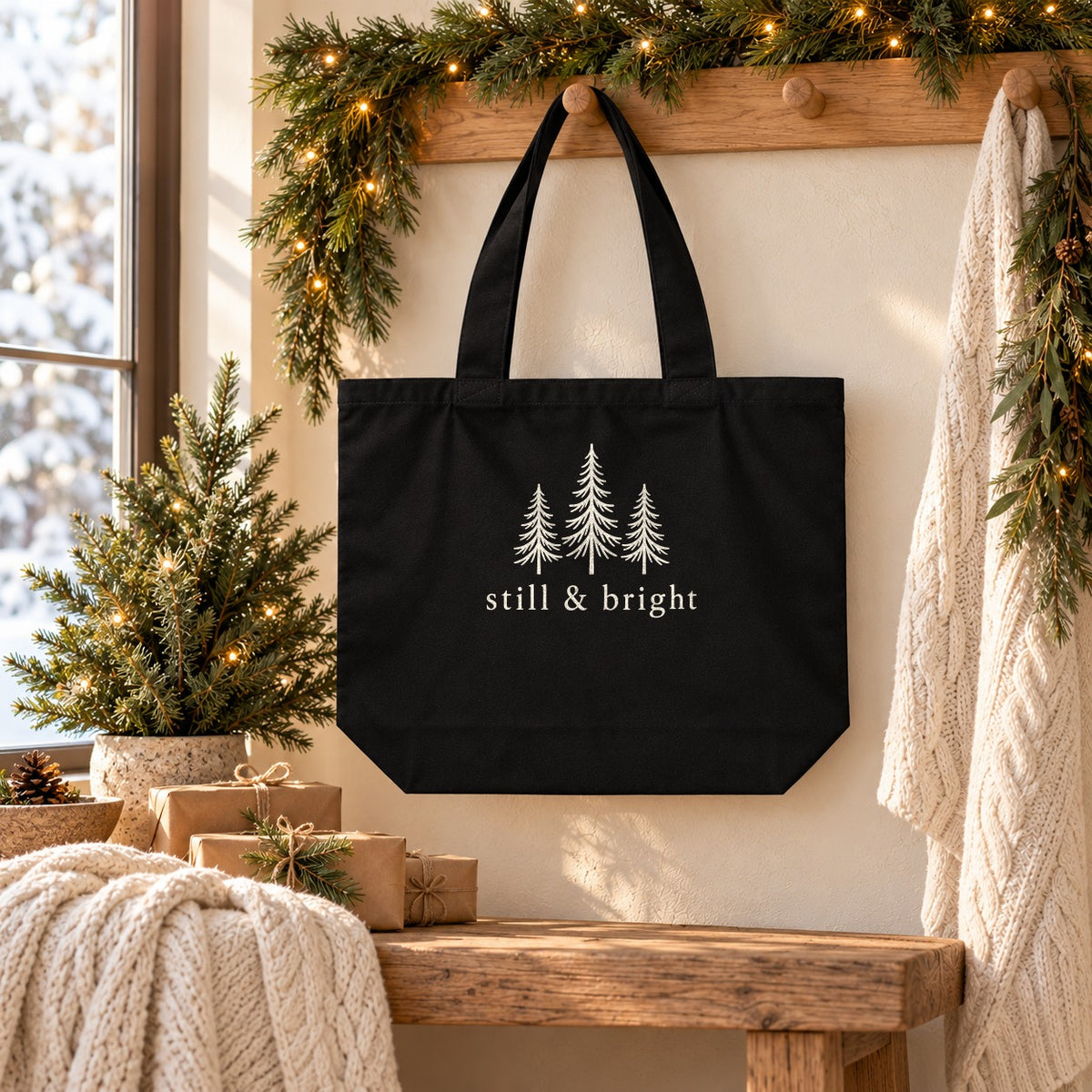 Still & Bright Evergreen Shoulder Tote in Black, styled at home