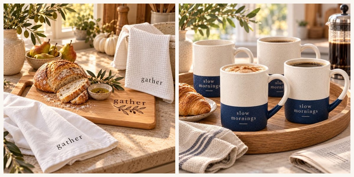 Gather bread board and tea towels, slow mornings mugs and the Gather linen table runner, styled in a sunlit kitchen