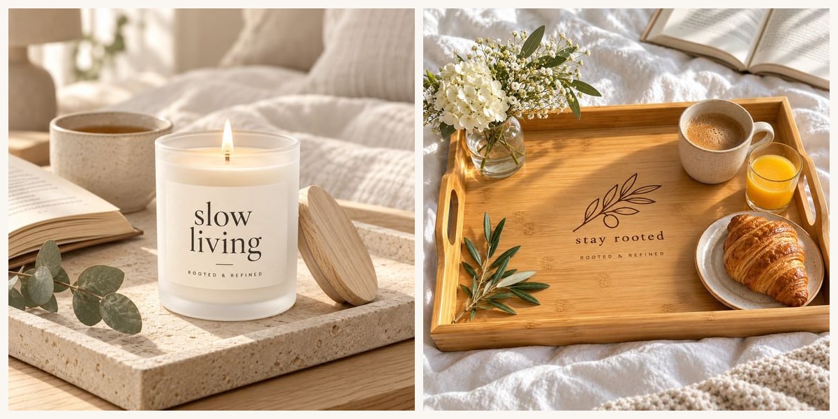 Slow Living candle, Gather stemless wine glasses and the Stay Rooted bamboo tray, styled at home