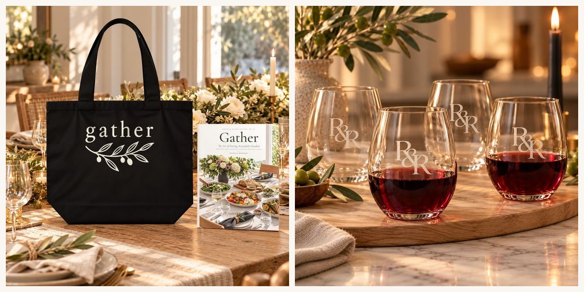 Little Lamb plush, monogram stemless wine glasses and the Gather tote with the Gather cookbook