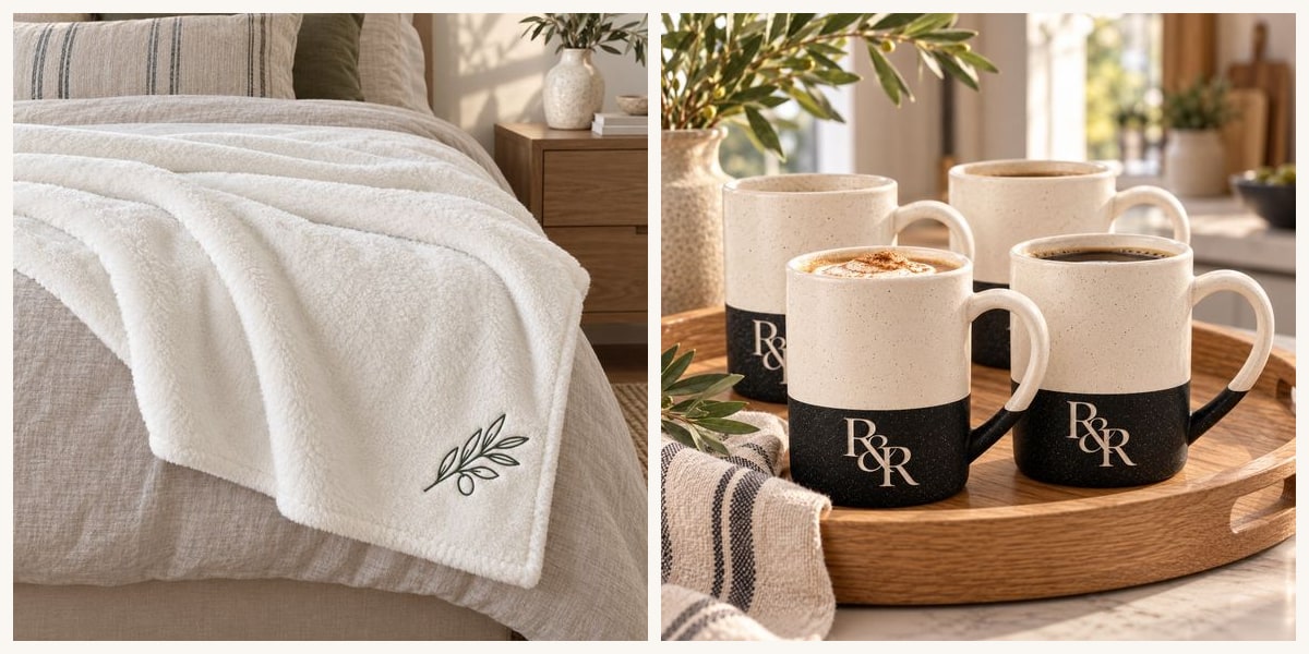 Olive branch plush throw, monogram mugs and the R&R monogram bamboo tray, styled at home