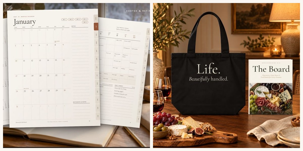 The 2027 Digital Family Planner, the Life. Beautifully handled. tote with The Board, and a fresh loaf on an olive branch board