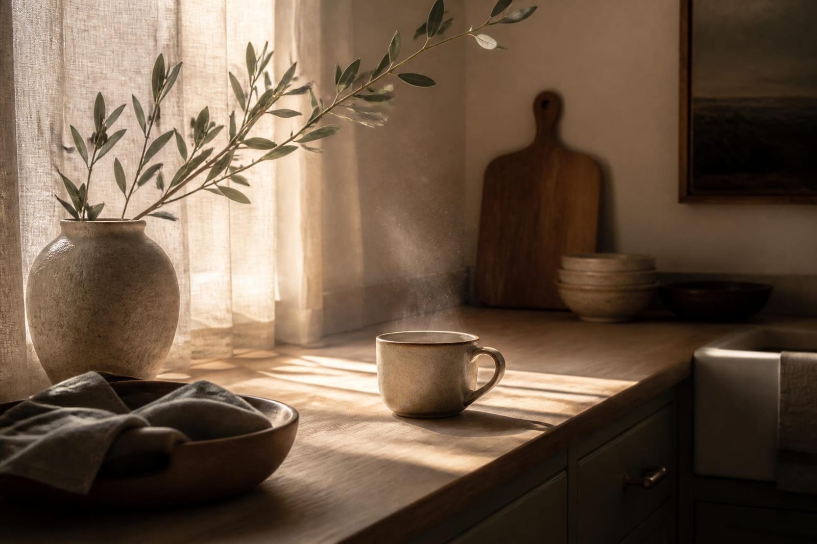 Morning light across a kitchen counter